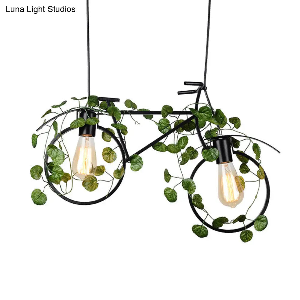 Retro Metal Bicycle Restaurant Ceiling Light With 2 Black Drop Lamp Heads And Plant Decor