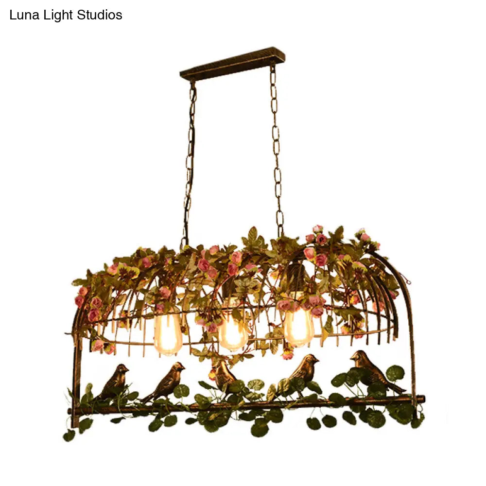 Retro Metal Birdcage Ceiling Light With Flower Decor - Brass Finish 2/3/4 Heads Perfect For