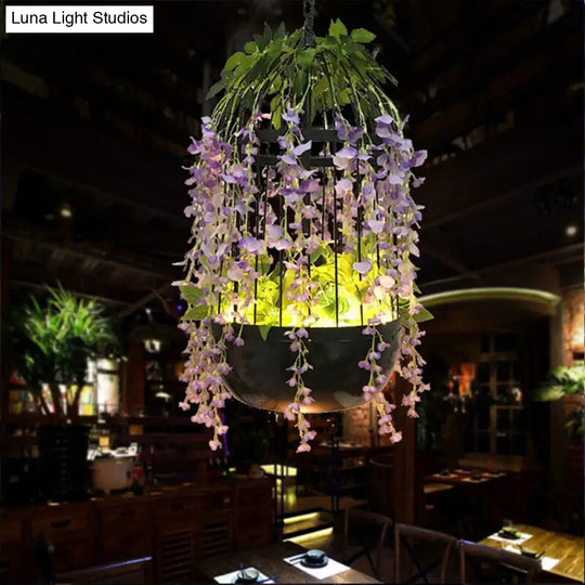 Retro Metal Birdcage Pendant Ceiling Light With Flower Decor - Black Led Drop Lamp 1 Head