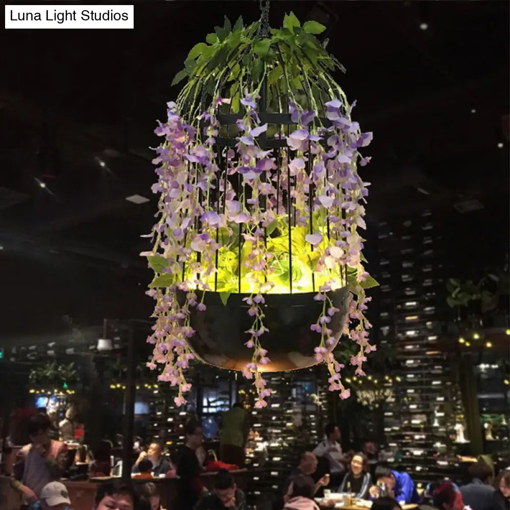 Retro Metal Birdcage Pendant Light - Black Led Drop Lamp With Flower Decor