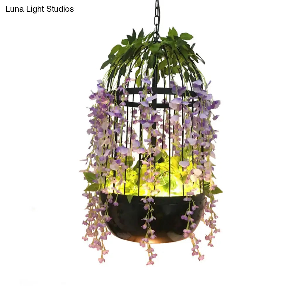 Retro Metal Birdcage Pendant Light - Black Led Drop Lamp With Flower Decor
