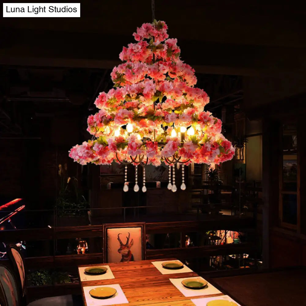 Metal Black Chandelier With Cherry Blossom Design And Crystal Draping - 6 Lights Retro Led Pendant