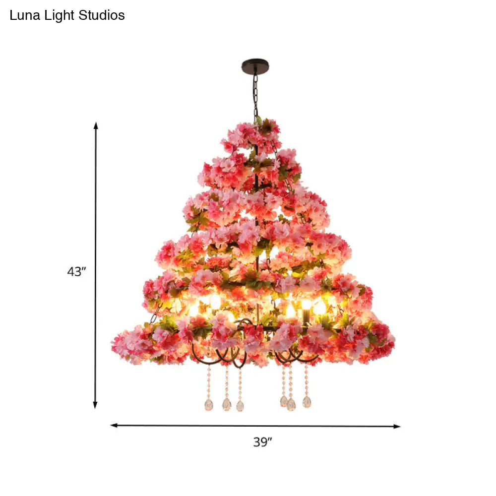 Metal Black Chandelier With Cherry Blossom Design And Crystal Draping - 6 Lights Retro Led Pendant