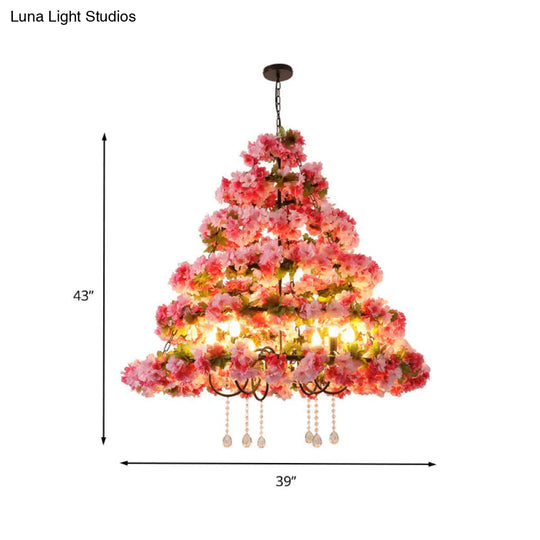 Metal Black Chandelier With Cherry Blossom Design And Crystal Draping - 6 Lights Retro Led Pendant