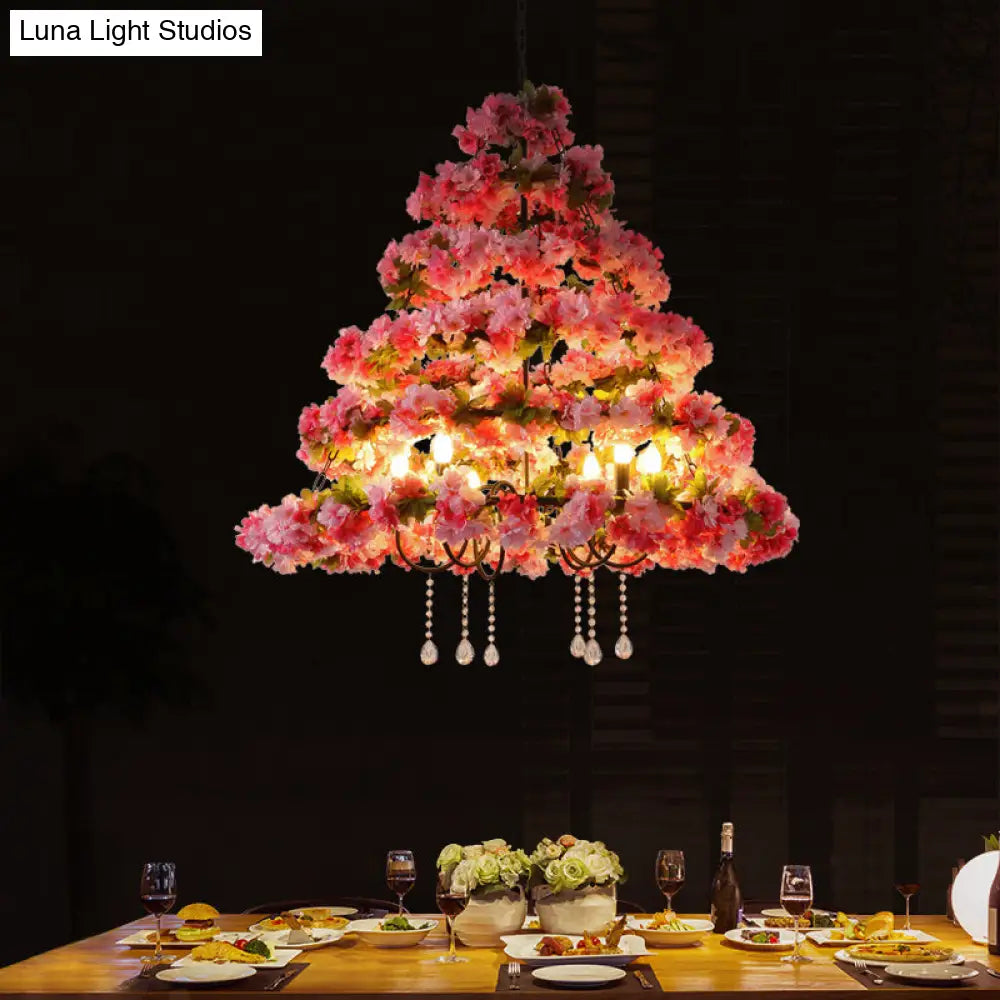 Metal Black Chandelier With Cherry Blossom Design And Crystal Draping - 6 Lights Retro Led Pendant