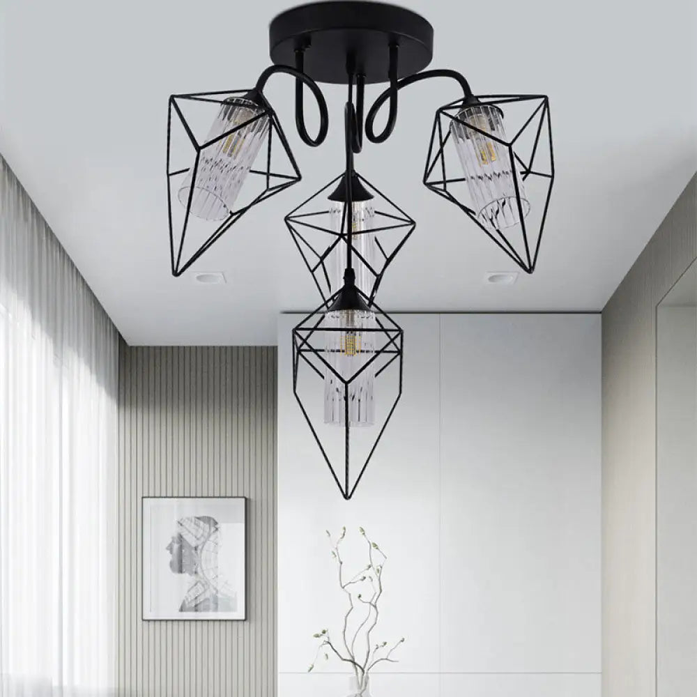 Retro Metal Cage Diamond Chandelier With Clear Glass Shade - Bedroom Ceiling Mount Pendant Light