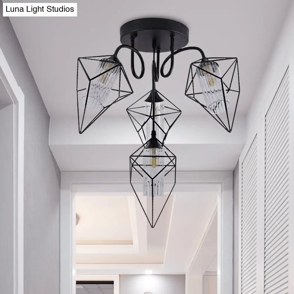 Retro Metal Cage Diamond Chandelier With Clear Glass Shade - Bedroom Ceiling Mount Pendant Light