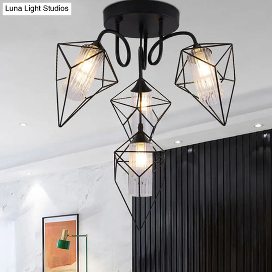 Retro Metal Cage Diamond Chandelier With Clear Glass Shade - Bedroom Ceiling Mount Pendant Light