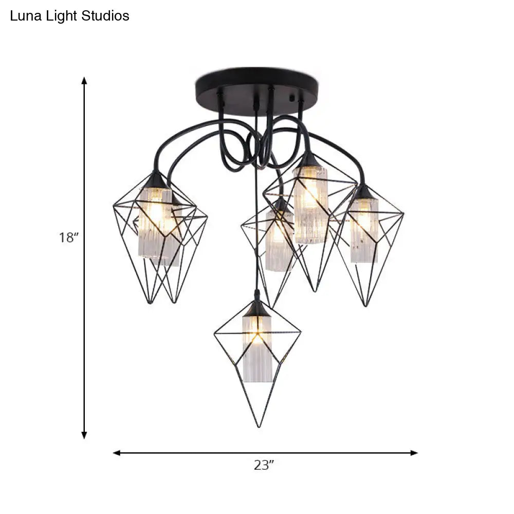 Retro Metal Cage Diamond Chandelier With Clear Glass Shade - Bedroom Ceiling Mount Pendant Light