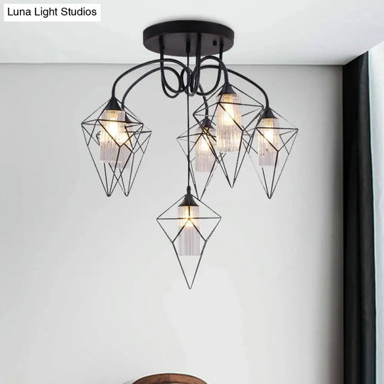 Retro Metal Cage Diamond Chandelier With Clear Glass Shade - Bedroom Ceiling Mount Pendant Light