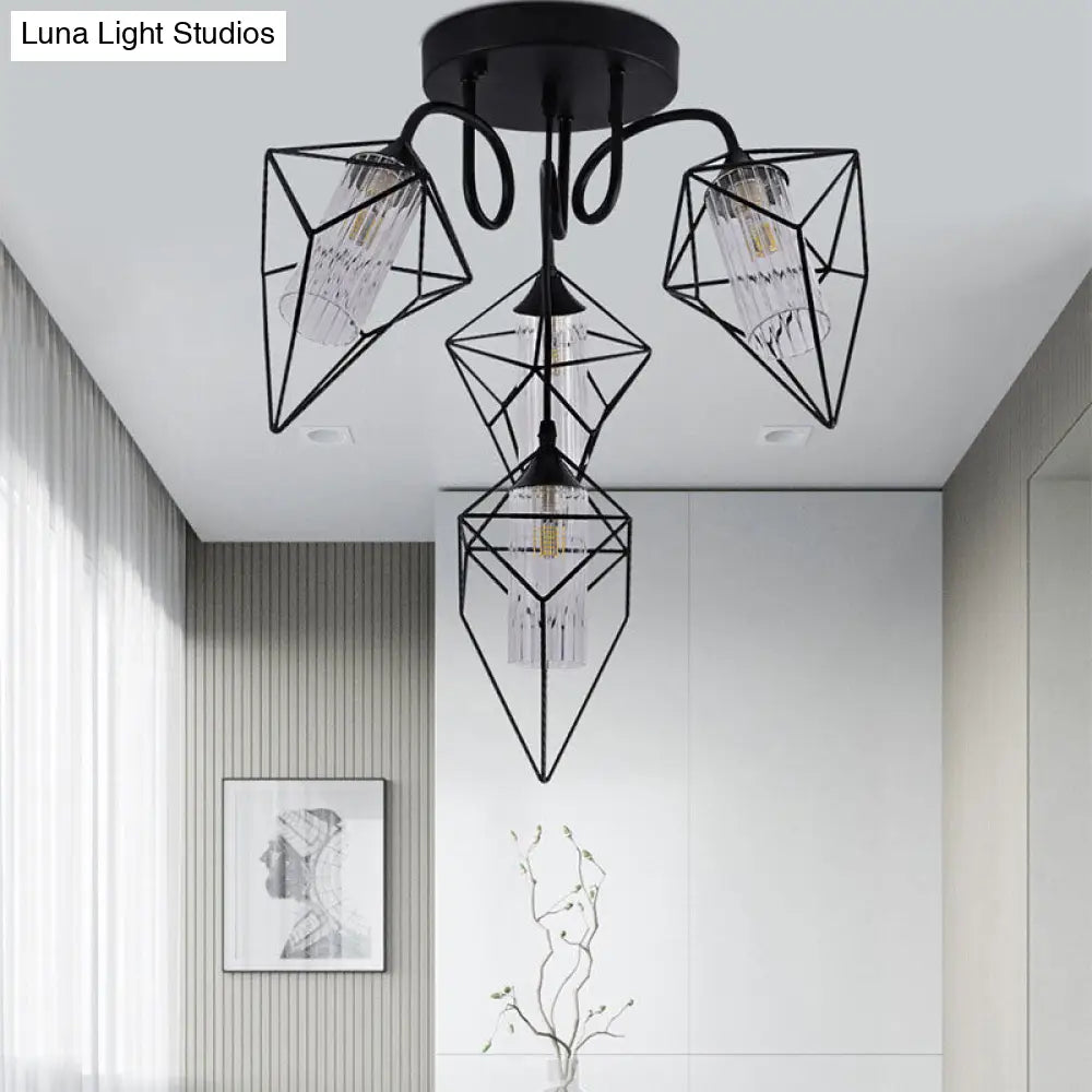 Retro Metal Cage Diamond Chandelier With Clear Glass Shade - Bedroom Ceiling Mount Pendant Light