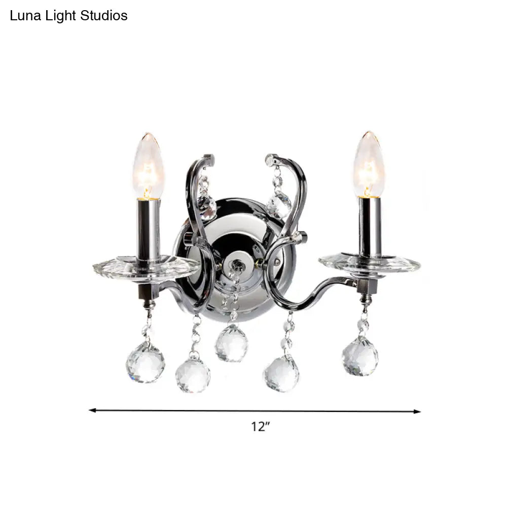 Retro Metal Candelabra Sconce With Crystal Ball And Led Wall Lighting In Chrome For Living Room