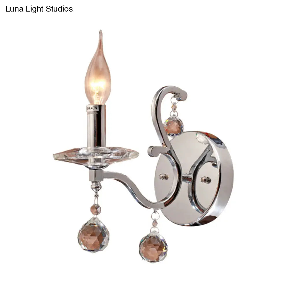 Retro Metal Candelabra Sconce With Crystal Ball And Led Wall Lighting In Chrome For Living Room