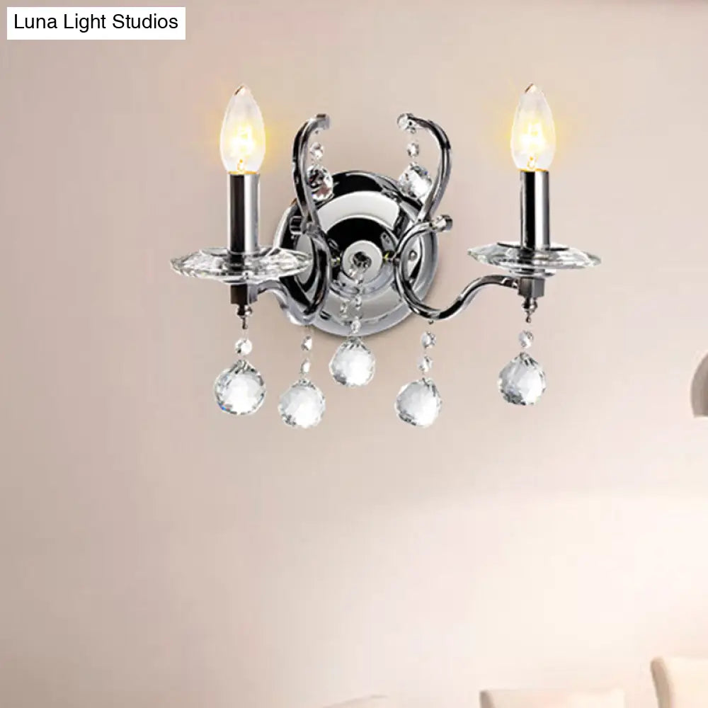 Retro Metal Candelabra Sconce With Crystal Ball And Led Wall Lighting In Chrome For Living Room