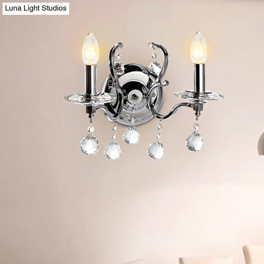 Retro Metal Candelabra Sconce With Crystal Ball And Led Wall Lighting In Chrome For Living Room