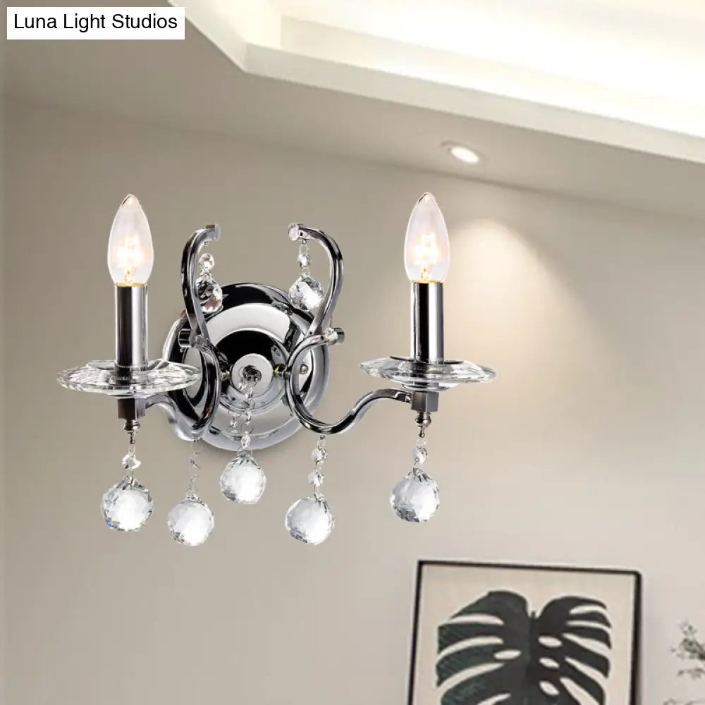 Retro Metal Candelabra Sconce With Crystal Ball And Led Wall Lighting In Chrome For Living Room
