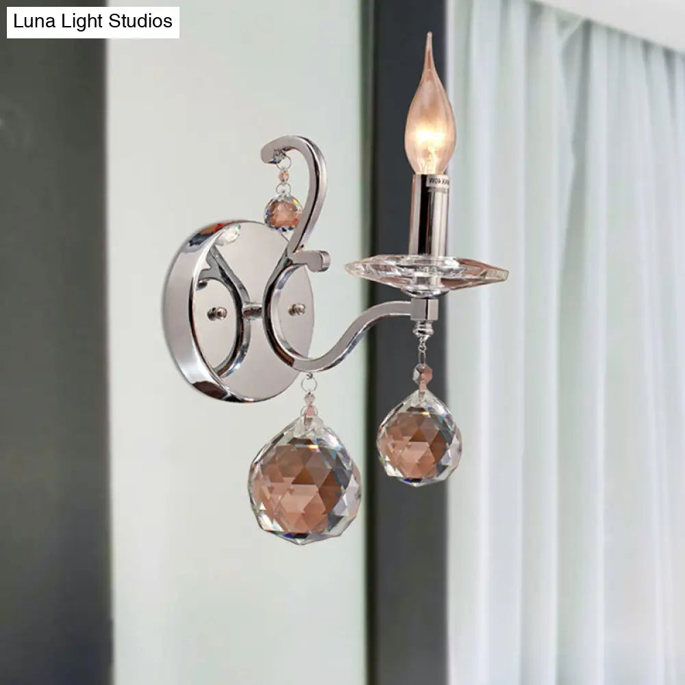 Retro Metal Candelabra Sconce With Crystal Ball And Led Wall Lighting In Chrome For Living Room