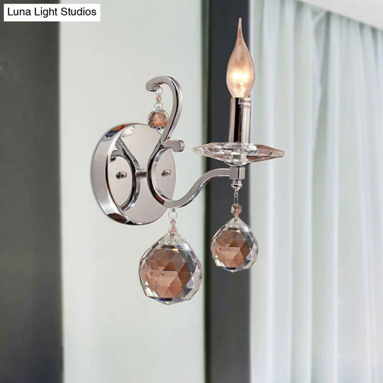 Retro Metal Candelabra Sconce With Crystal Ball And Led Wall Lighting In Chrome For Living Room