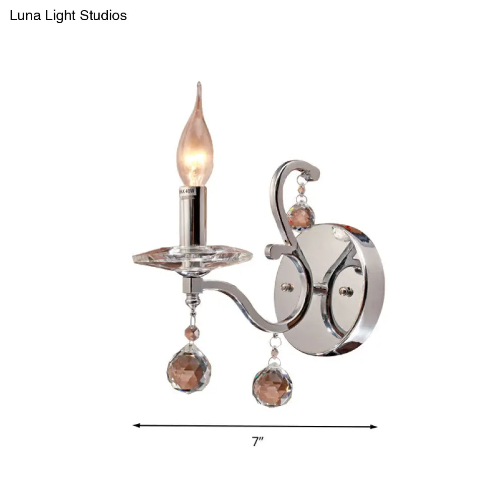 Retro Metal Candelabra Sconce With Crystal Ball And Led Wall Lighting In Chrome For Living Room