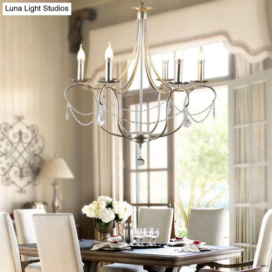 Retro Metal Candle Chandelier Lamp Pendant With Crystal Teardrop - Silver/Gold 6 Bulbs Dining Room