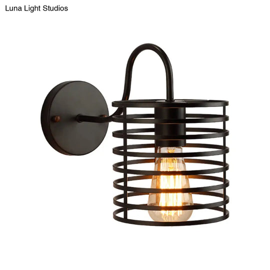 Retro Metal Cylinder Caged Wall Lamp With Gooseneck Arm - Black 8.5/9.5 Width