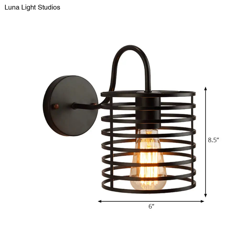 Retro Metal Cylinder Caged Wall Lamp With Gooseneck Arm - Black 8.5/9.5 Width