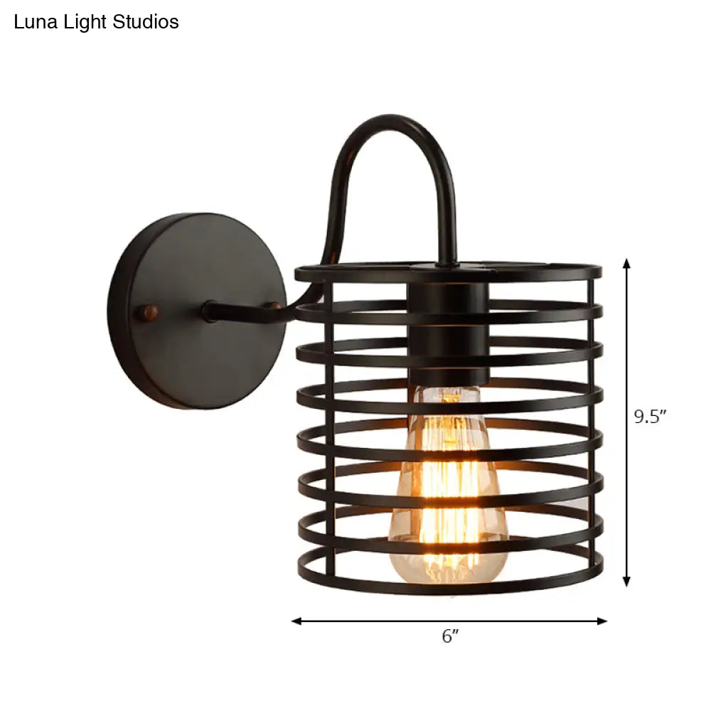 Retro Metal Cylinder Caged Wall Lamp With Gooseneck Arm - Black 8.5/9.5 Width