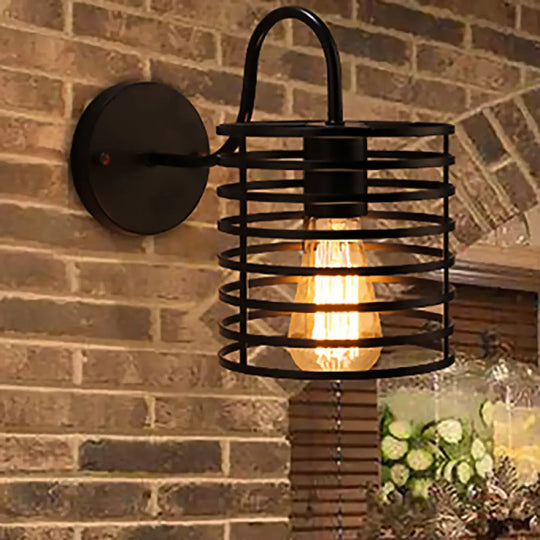 Retro Metal Cylinder Caged Wall Lamp With Gooseneck Arm - Black 8.5/9.5 Width / 8.5