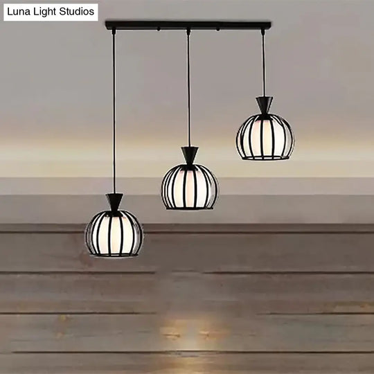 Retro Metal Dome Cage Pendant Light With Milk Glass Shade - 3 Bulb Indoor Hanging Fixture In