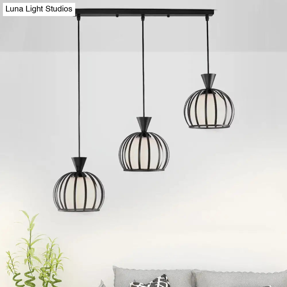 Metal Dome Cage Pendant With Milk Glass Shade - Retro Style 3-Bulb Hanging Light Indoor Black/White