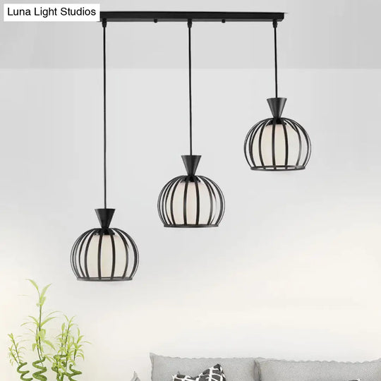 Metal Dome Cage Pendant With Milk Glass Shade - Retro Style 3-Bulb Hanging Light Indoor Black/White