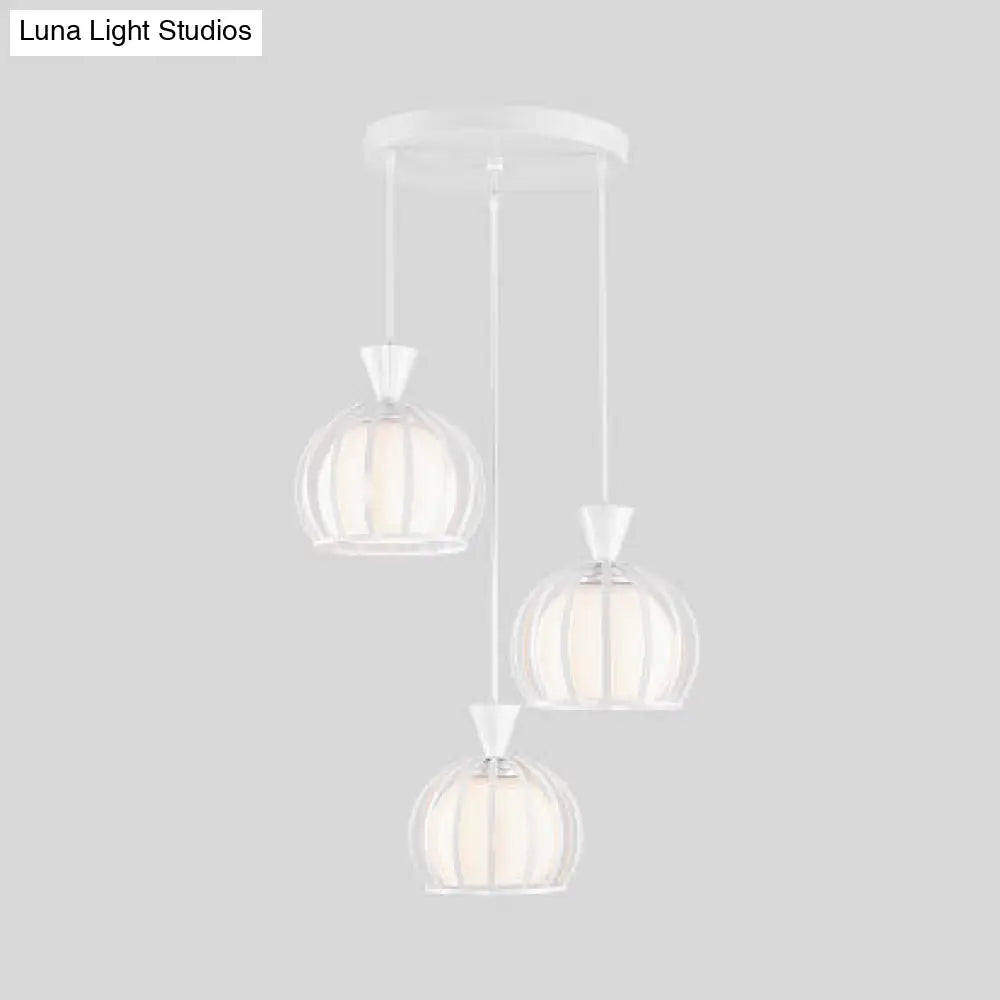 Retro Metal Dome Cage Pendant Light With Milk Glass Shade - 3 Bulb Indoor Hanging Fixture In