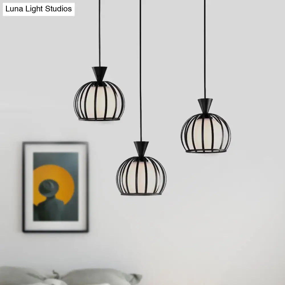 Retro Metal Dome Cage Pendant Light With Milk Glass Shade - 3 Bulb Indoor Hanging Fixture In