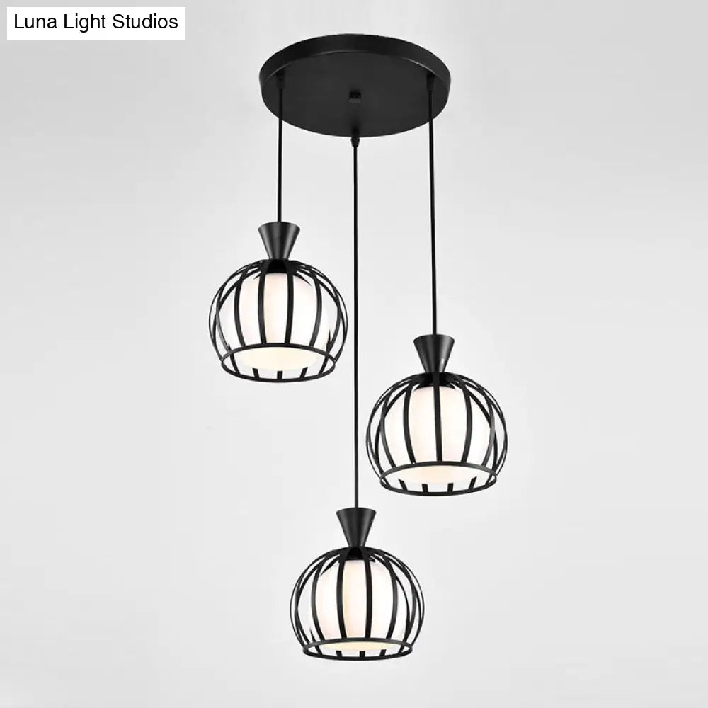 Retro Metal Dome Cage Pendant Light With Milk Glass Shade - 3 Bulb Indoor Hanging Fixture In