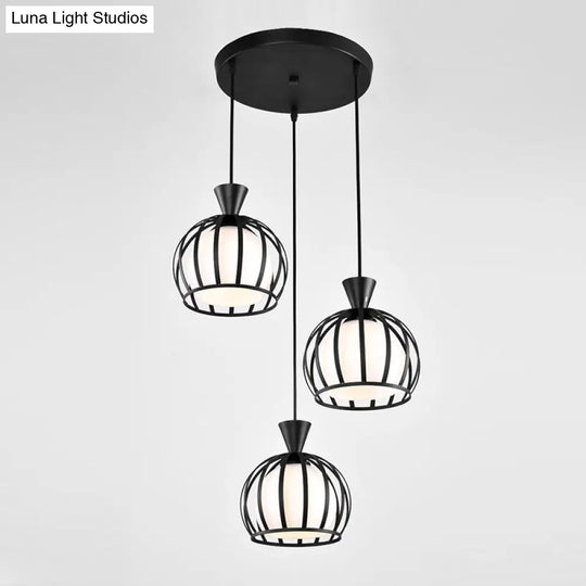 Retro Metal Dome Cage Pendant Light With Milk Glass Shade - 3 Bulb Indoor Hanging Fixture In