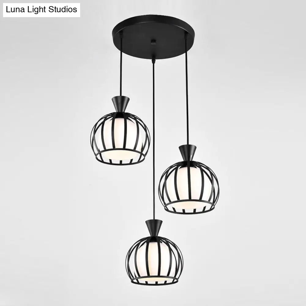 Metal Dome Cage Pendant With Milk Glass Shade - Retro Style 3-Bulb Hanging Light Indoor Black/White