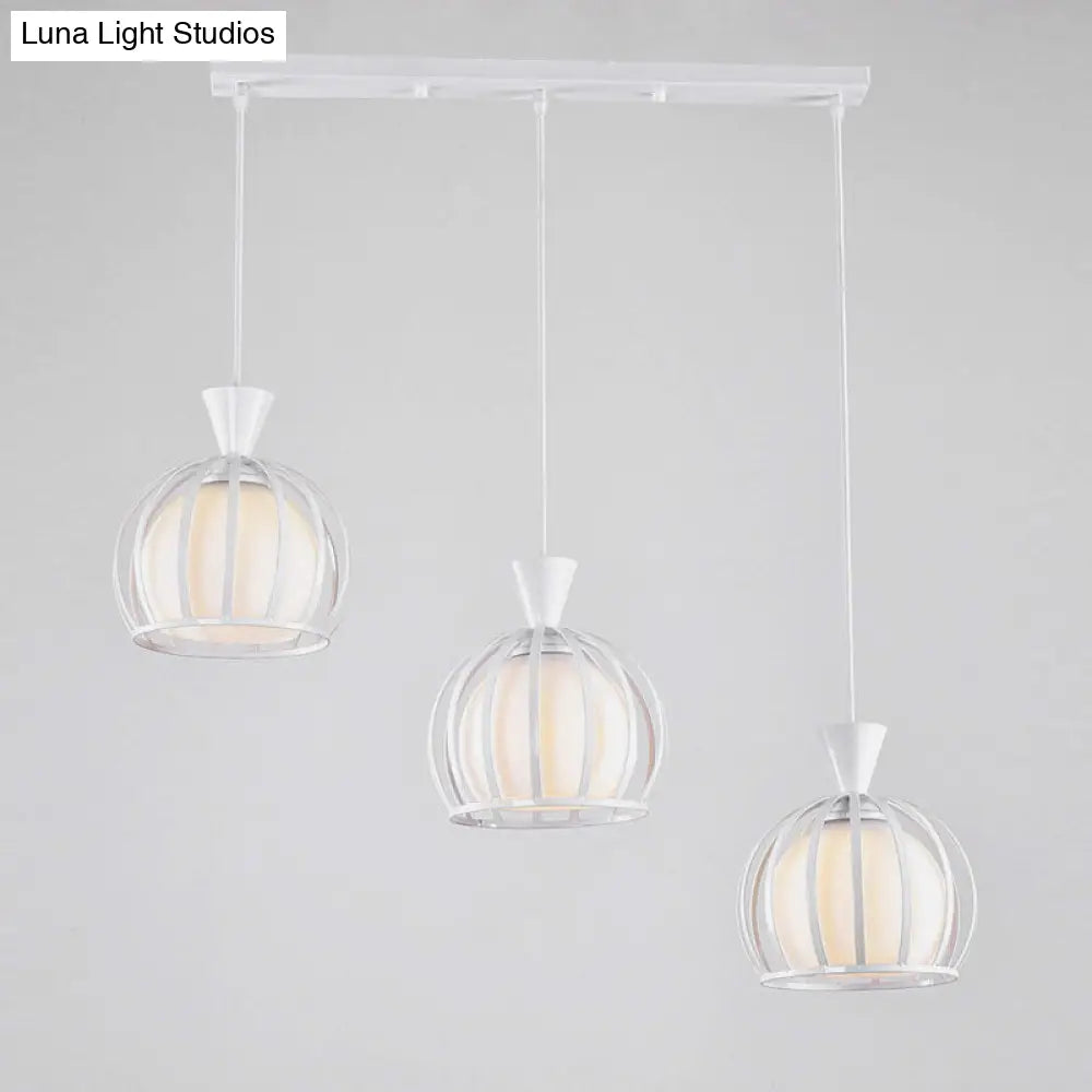 Retro Metal Dome Cage Pendant Light With Milk Glass Shade - 3 Bulb Indoor Hanging Fixture In