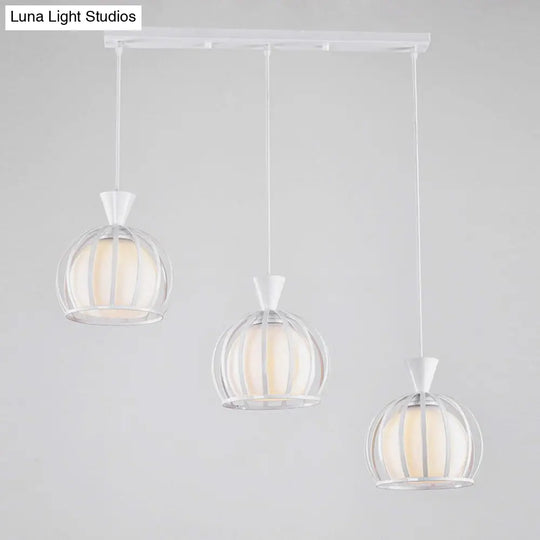 Retro Metal Dome Cage Pendant Light With Milk Glass Shade - 3 Bulb Indoor Hanging Fixture In