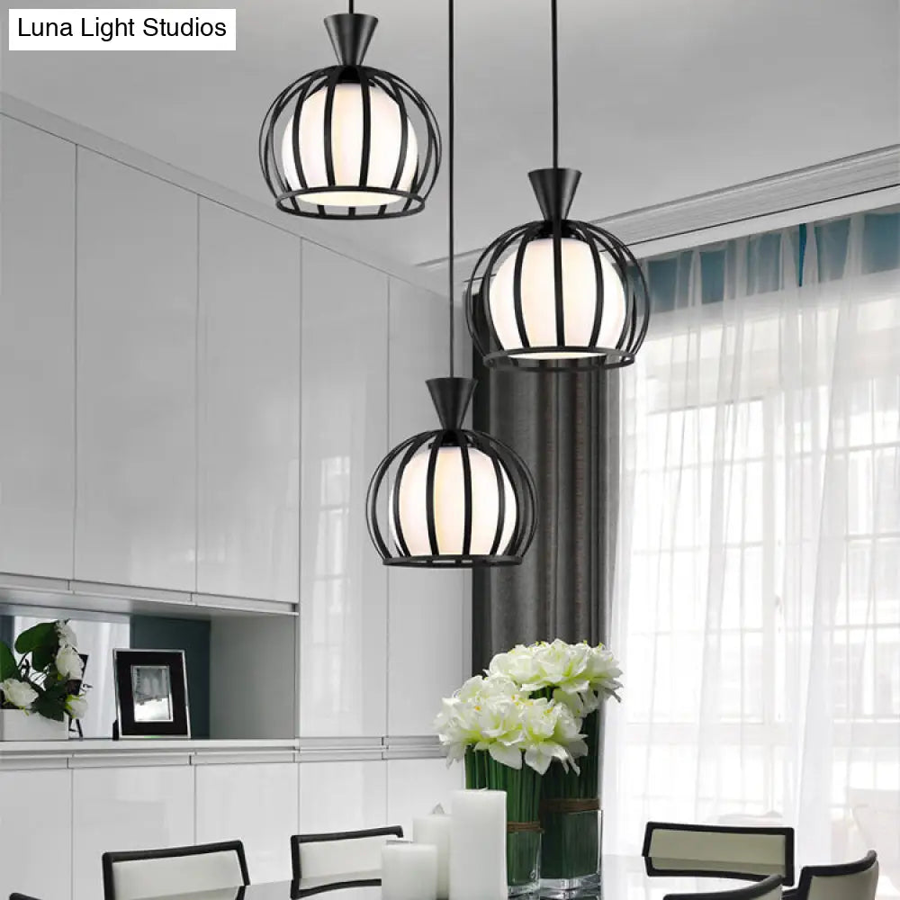 Metal Dome Cage Pendant With Milk Glass Shade - Retro Style 3-Bulb Hanging Light Indoor Black/White