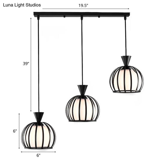 Metal Dome Cage Pendant With Milk Glass Shade - Retro Style 3-Bulb Hanging Light Indoor Black/White