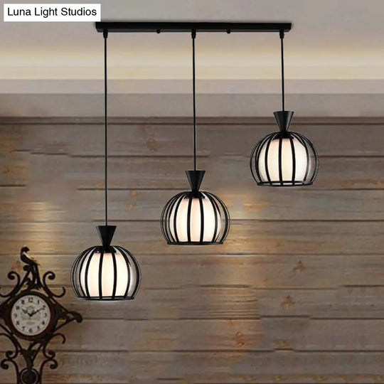 Metal Dome Cage Pendant With Milk Glass Shade - Retro Style 3-Bulb Hanging Light Indoor Black/White