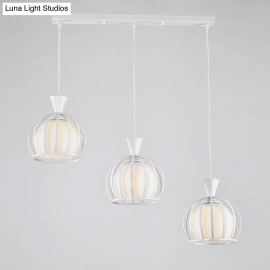 Metal Dome Cage Pendant With Milk Glass Shade - Retro Style 3-Bulb Hanging Light Indoor Black/White