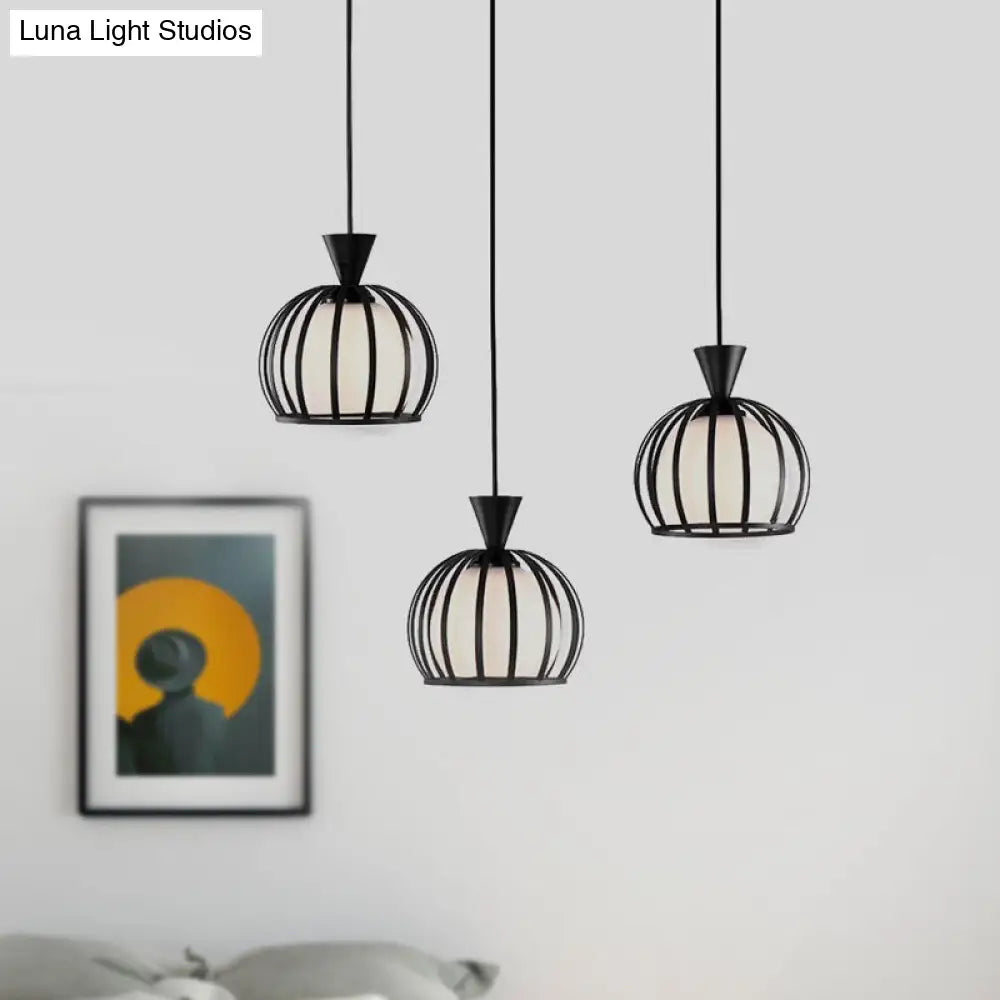 Metal Dome Cage Pendant With Milk Glass Shade - Retro Style 3-Bulb Hanging Light Indoor Black/White