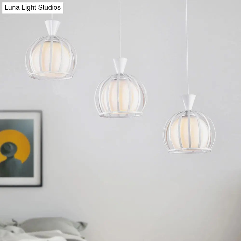 Retro Metal Dome Cage Pendant Light With Milk Glass Shade - 3 Bulb Indoor Hanging Fixture In