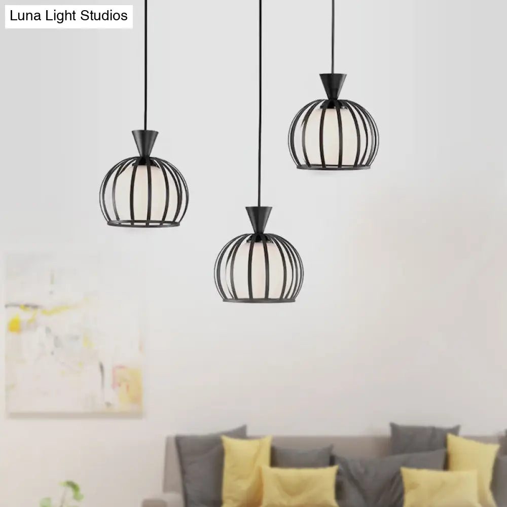 Retro Metal Dome Cage Pendant Light With Milk Glass Shade - 3 Bulb Indoor Hanging Fixture In