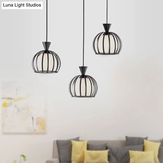 Metal Dome Cage Pendant With Milk Glass Shade - Retro Style 3-Bulb Hanging Light Indoor Black/White