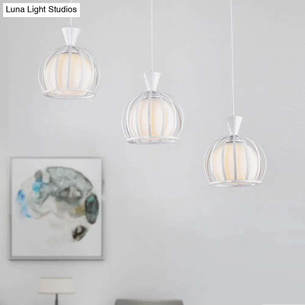 Metal Dome Cage Pendant With Milk Glass Shade - Retro Style 3-Bulb Hanging Light Indoor Black/White