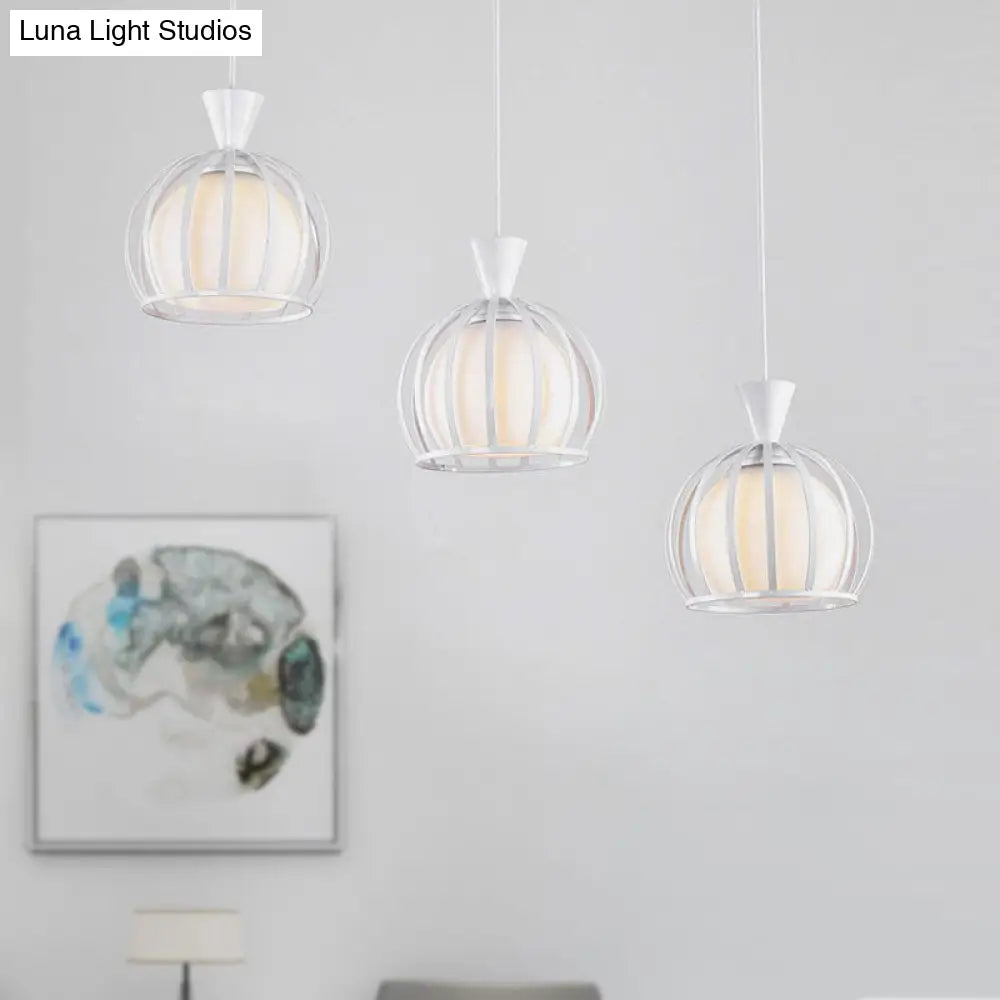 Retro Metal Dome Cage Pendant Light With Milk Glass Shade - 3 Bulb Indoor Hanging Fixture In