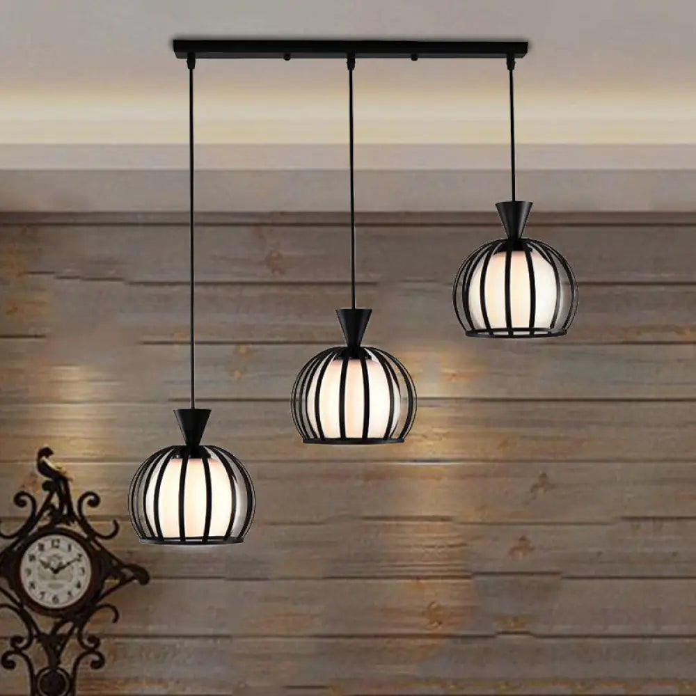 Retro Metal Dome Cage Pendant Light With Milk Glass Shade - 3 Bulb Indoor Hanging Fixture In