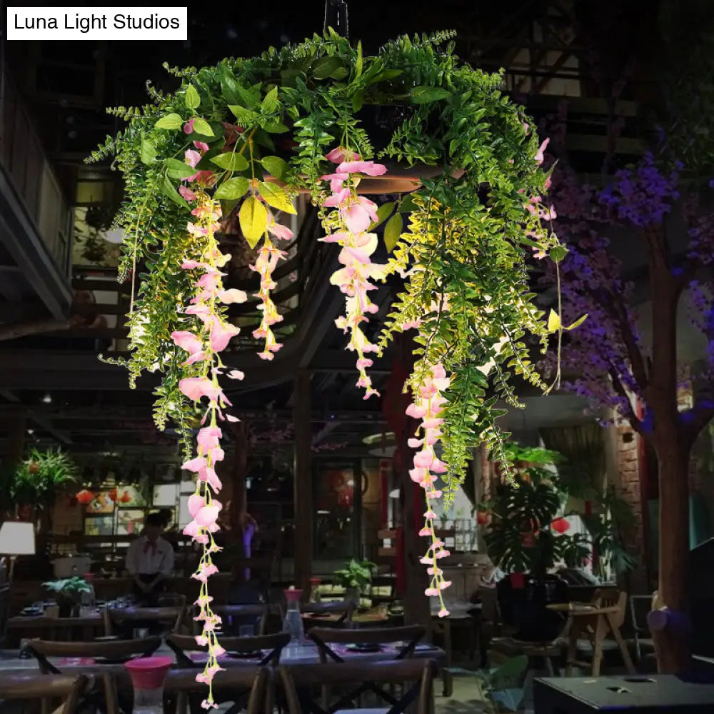 Retro Plant Metal Pendant Light With Led Bulb - Green Down Lighting For Restaurants